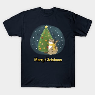 Merry Christmas cat with Christmas tree T-Shirt